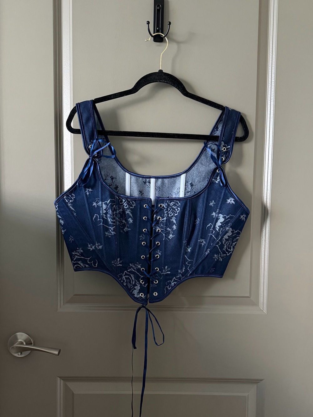 Handmade Navy Blue Corset Top, Renaissance Overbust, Front Lace Bustier
